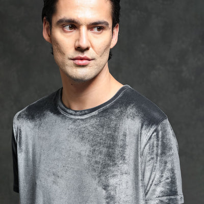 Rare Rabbit Men's Timo Grey Polyester Fabric Crew Neck Half Sleeves Velvet Texture Solid T-Shirt