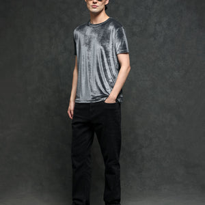 Rare Rabbit Men's Timo Grey Polyester Fabric Crew Neck Half Sleeves Velvet Texture Solid T-Shirt