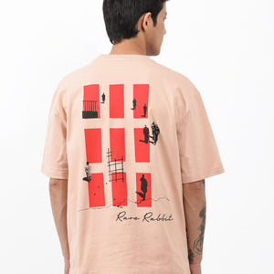 Rare Rabbit Articale Mens Vern Light Orange Cotton Polyester Fabric Short Sleeve Crew Neck Oversized Fit Printed T-Shirt