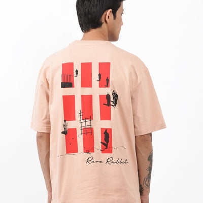 Rare Rabbit Articale Mens Vern Light Orange Cotton Polyester Fabric Short Sleeve Crew Neck Oversized Fit Printed T-Shirt