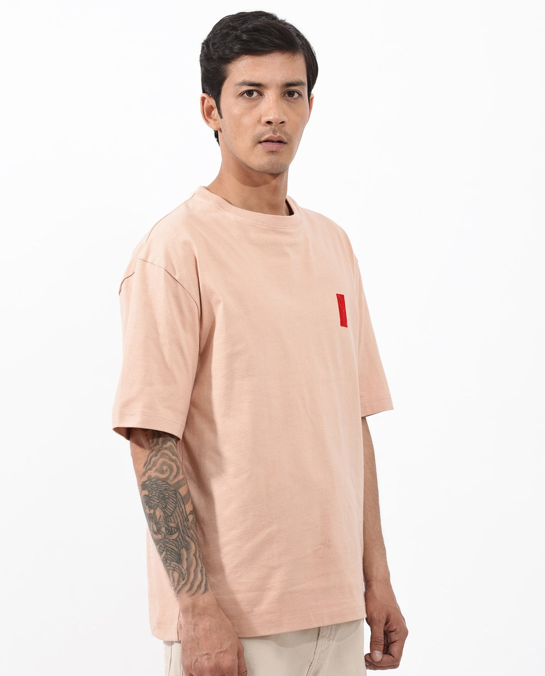 Rare Rabbit Articale Mens Vern Light Orange Cotton Polyester Fabric Short Sleeve Crew Neck Oversized Fit Printed T-Shirt