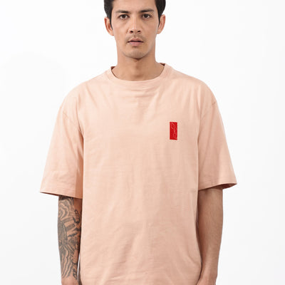 Rare Rabbit Articale Mens Vern Light Orange Cotton Polyester Fabric Short Sleeve Crew Neck Oversized Fit Printed T-Shirt