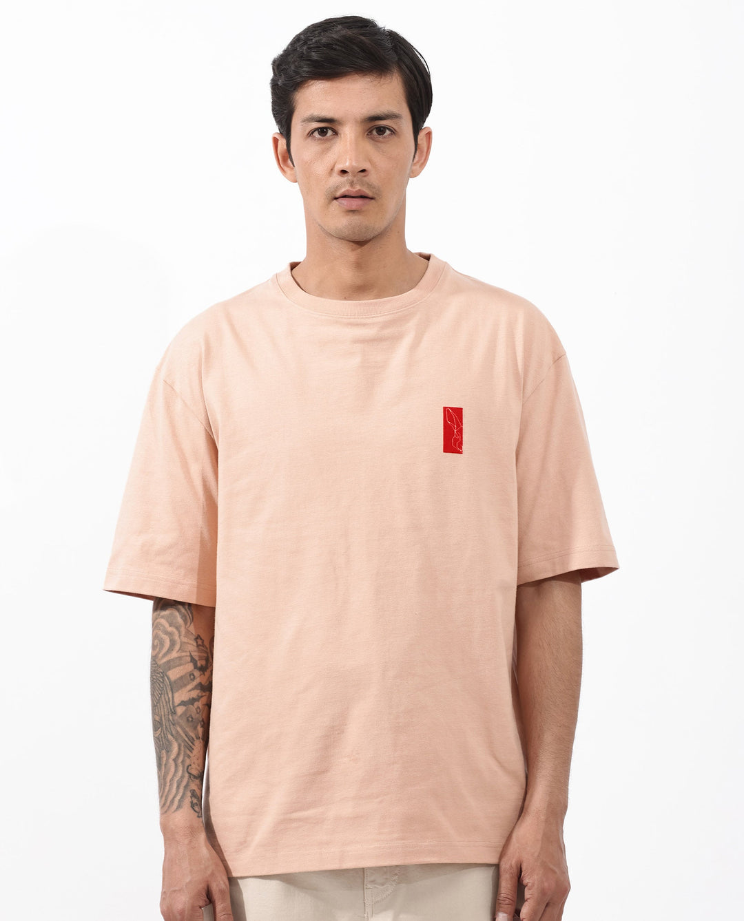 Rare Rabbit Articale Mens Vern Light Orange Cotton Polyester Fabric Short Sleeve Crew Neck Oversized Fit Printed T-Shirt