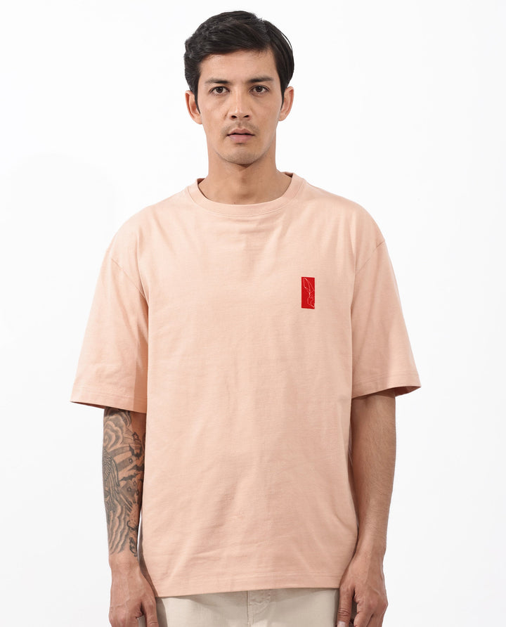 Rare Rabbit Articale Mens Vern Light Orange Cotton Polyester Fabric Short Sleeve Crew Neck Oversized Fit Printed T-Shirt