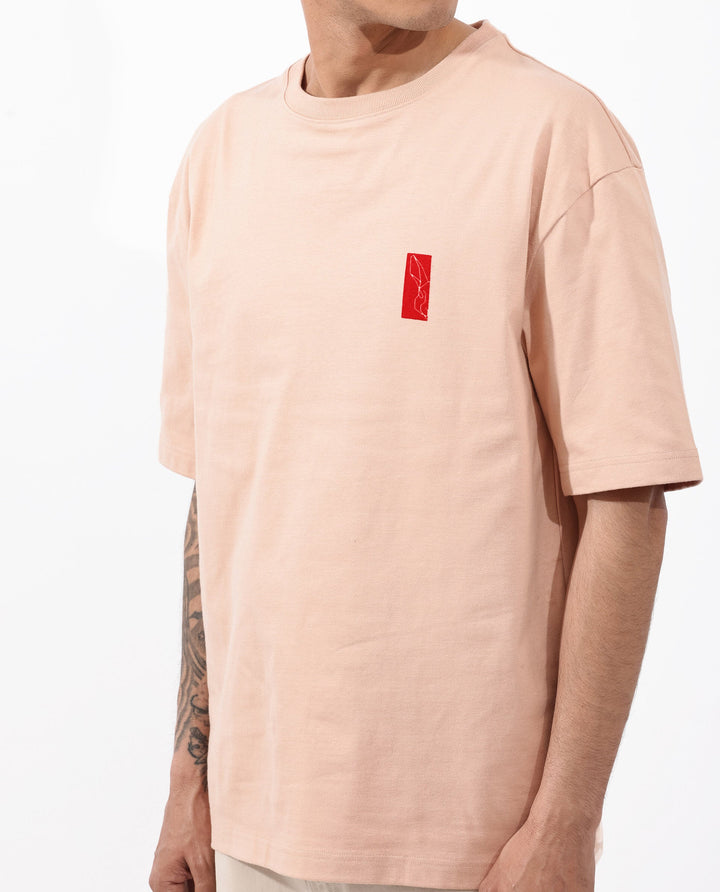 Rare Rabbit Articale Mens Vern Light Orange Cotton Polyester Fabric Short Sleeve Crew Neck Oversized Fit Printed T-Shirt