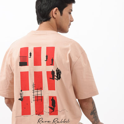 Rare Rabbit Articale Mens Vern Light Orange Cotton Polyester Fabric Short Sleeve Crew Neck Oversized Fit Printed T-Shirt