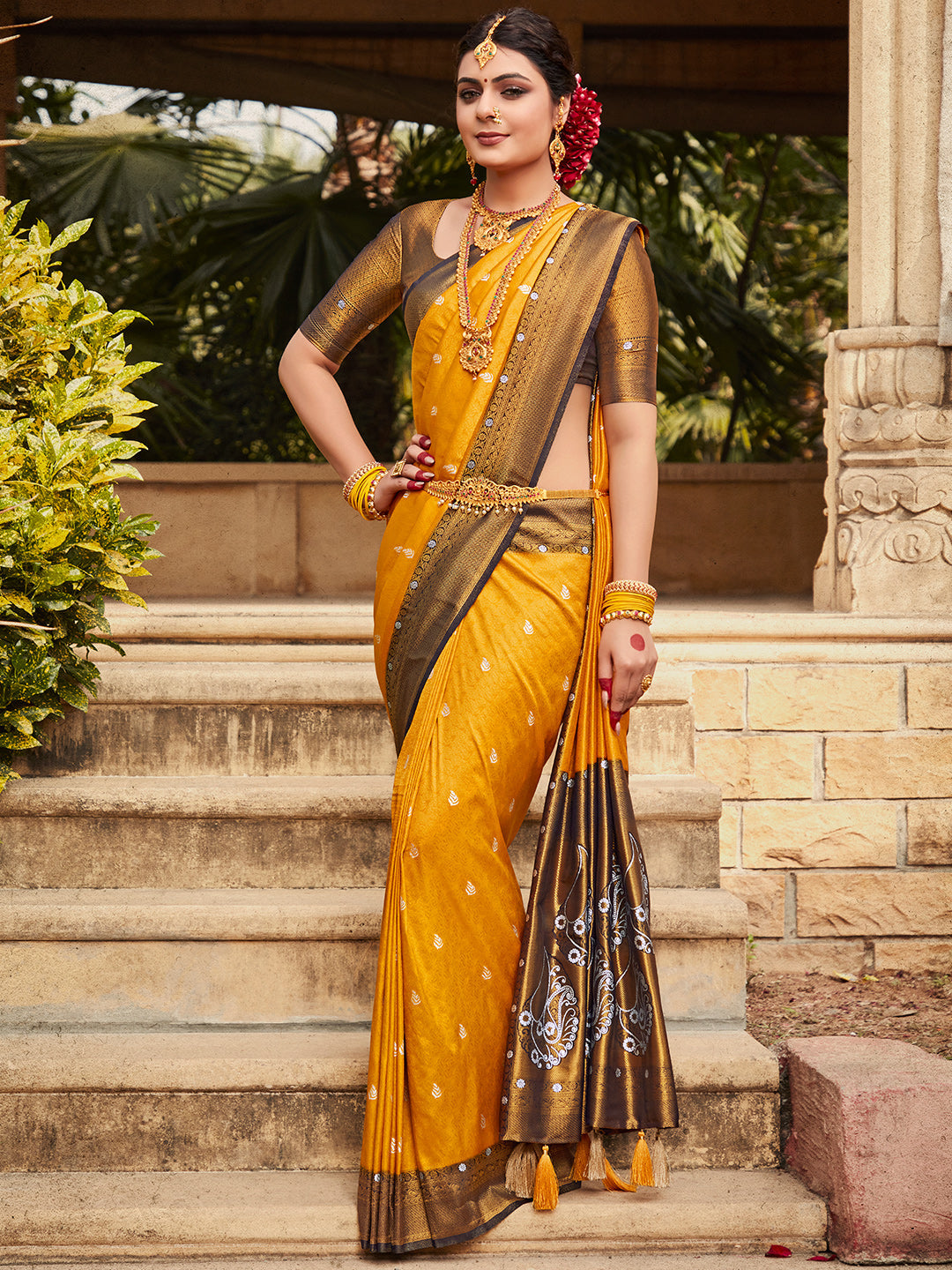 Orange And Blue Kanjivaram Saree