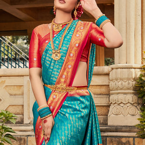 Blue And Red Kanjivaram Saree