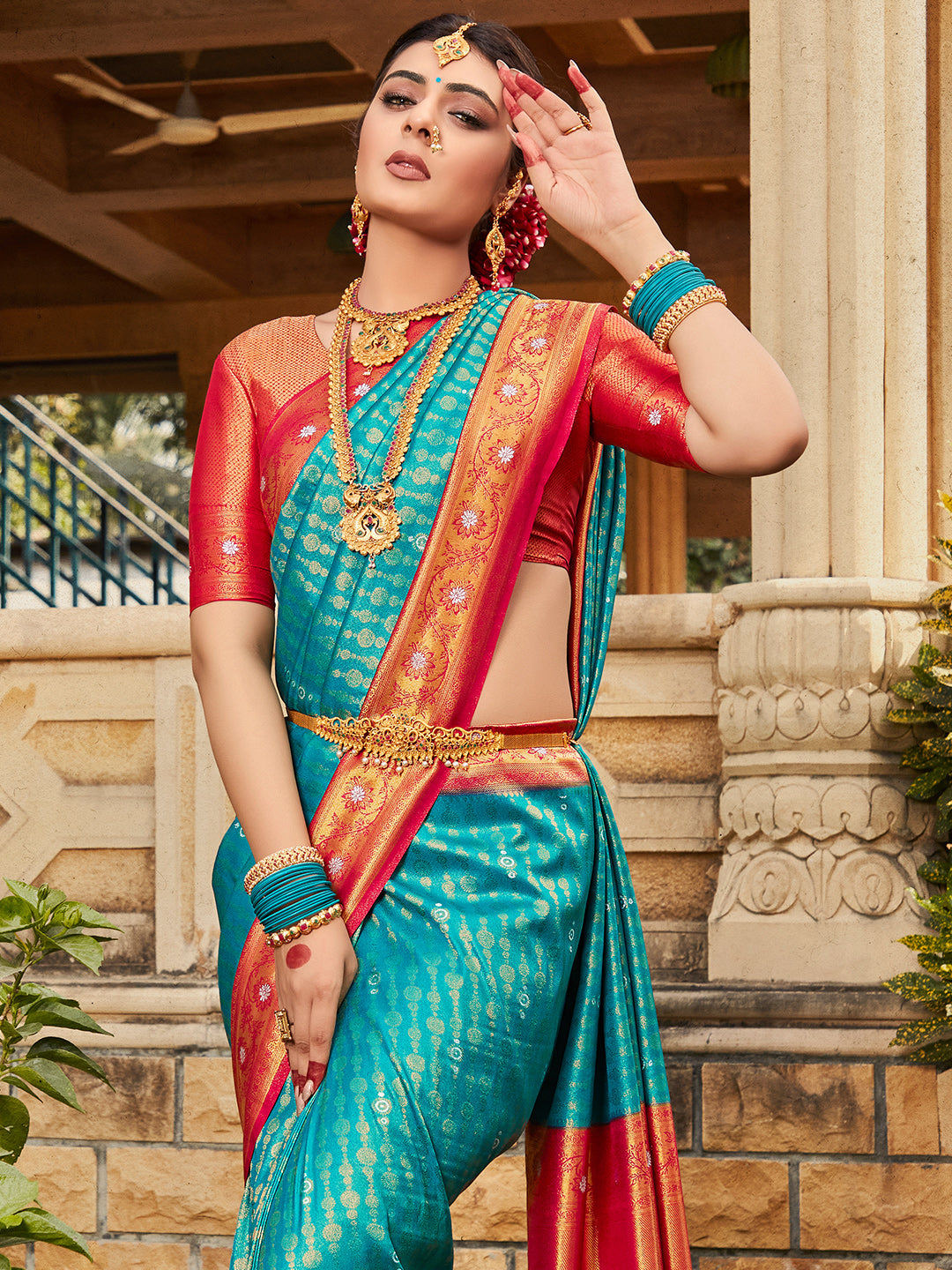 Blue And Red Kanjivaram Saree