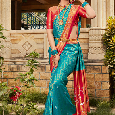 Blue And Red Kanjivaram Saree
