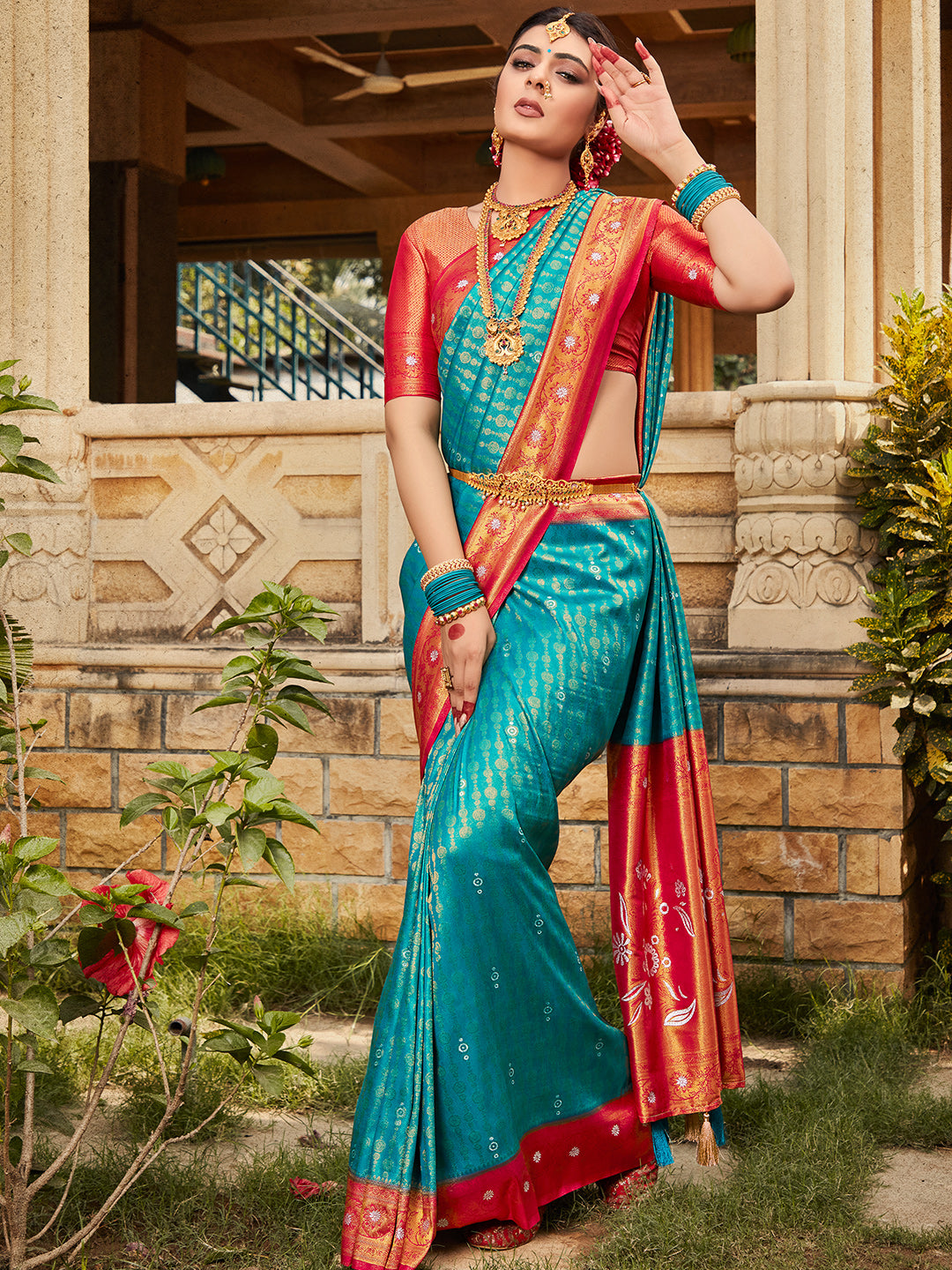 Blue And Red Kanjivaram Saree