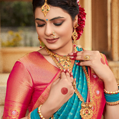 Blue And Red Kanjivaram Saree