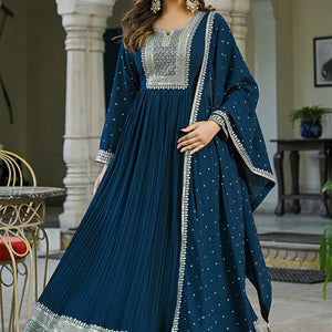 Plus Size Teal Blue Georgette Solid Yoke Design Anarkali Kurta Dupatta Set VKSET1473
