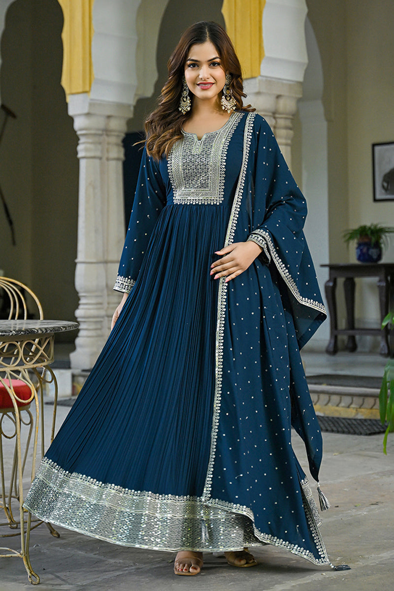 Plus Size Teal Blue Georgette Solid Yoke Design Anarkali Kurta Dupatta Set VKSET1473