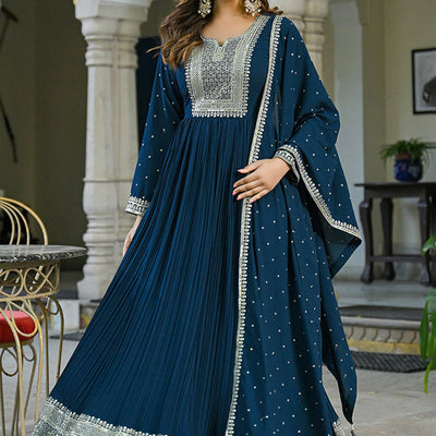 Teal Blue Georgette Solid Yoke Design Anarkali Kurta Dupatta Set VKSET1473