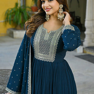 Plus Size Teal Blue Georgette Solid Yoke Design Anarkali Kurta Dupatta Set VKSET1473
