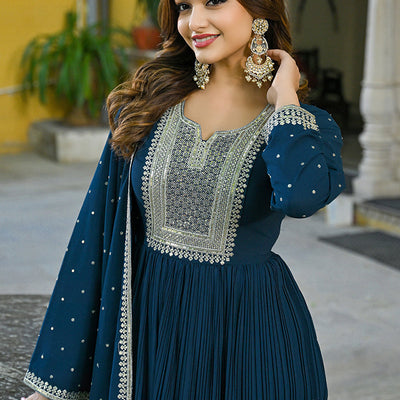 Teal Blue Georgette Solid Yoke Design Anarkali Kurta Dupatta Set VKSET1473
