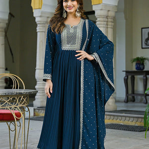 Plus Size Teal Blue Georgette Solid Yoke Design Anarkali Kurta Dupatta Set VKSET1473