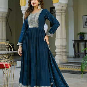 Plus Size Teal Blue Georgette Solid Yoke Design Anarkali Kurta Dupatta Set VKSET1473