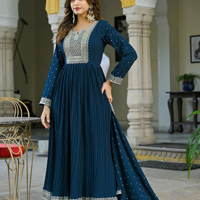Teal Blue Georgette Solid Yoke Design Anarkali Kurta Dupatta Set VKSET1473