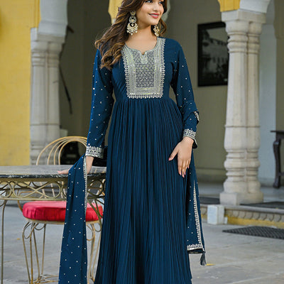 Plus Size Teal Blue Georgette Solid Yoke Design Anarkali Kurta Dupatta Set VKSET1473