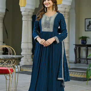 Plus Size Teal Blue Georgette Solid Yoke Design Anarkali Kurta Dupatta Set VKSET1473