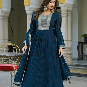 Teal Blue Georgette Solid Yoke Design Anarkali Kurta Dupatta Set VKSET1473