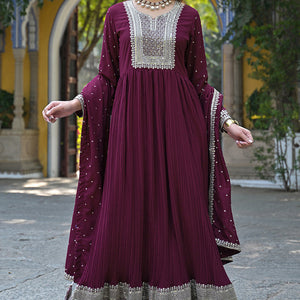 Plus Size Magenta Georgette Solid Yoke Design Sequinned Anarkali Kurta Dupatta Set VKSET1480