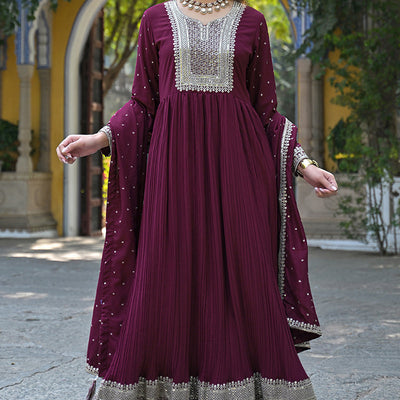 Plus Size Magenta Georgette Solid Yoke Design Sequinned Anarkali Kurta Dupatta Set VKSET1480