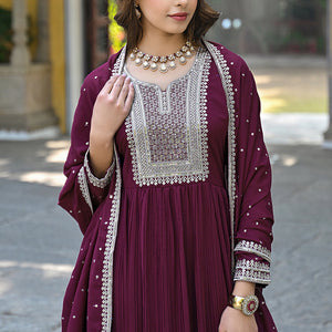 Magenta Georgette Solid Yoke Design Sequined Anarkali Kurta dupatta Set VKSET1480