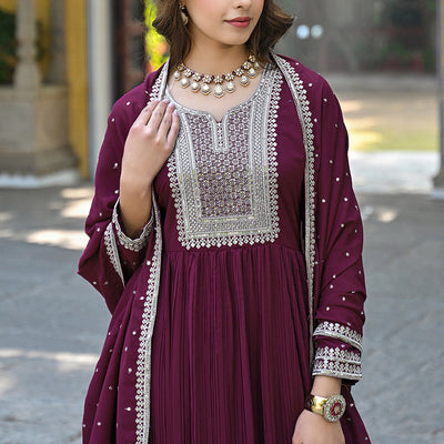 Plus Size Magenta Georgette Solid Yoke Design Sequinned Anarkali Kurta Dupatta Set VKSET1480