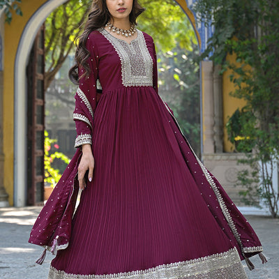 Magenta Georgette Solid Yoke Design Sequined Anarkali Kurta dupatta Set VKSET1480