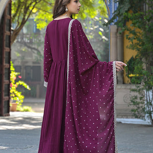 Plus Size Magenta Georgette Solid Yoke Design Sequinned Anarkali Kurta Dupatta Set VKSET1480