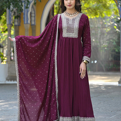 Plus Size Magenta Georgette Solid Yoke Design Sequinned Anarkali Kurta Dupatta Set VKSET1480