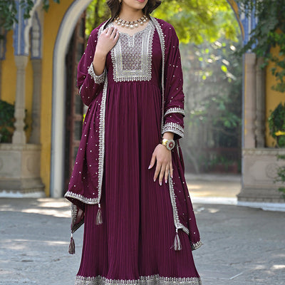 Magenta Georgette Solid Yoke Design Sequined Anarkali Kurta dupatta Set VKSET1480