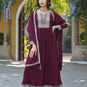 Magenta Georgette Solid Yoke Design Sequined Anarkali Kurta dupatta Set VKSET1480