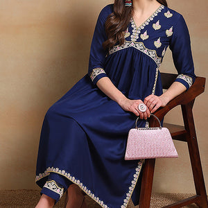 Plus Size Navy Blue Silk Blend Solid Embroidered Flared Kurta Set VKSET1483