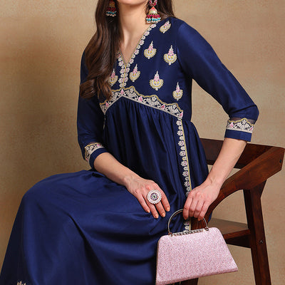 Plus Size Navy Blue Silk Blend Solid Embroidered Flared Kurta Set VKSET1483