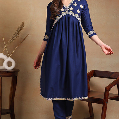 Plus Size Navy Blue Silk Blend Solid Embroidered Flared Kurta Set VKSET1483
