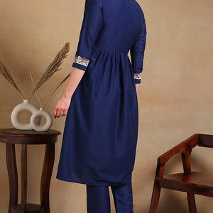 Plus Size Navy Blue Silk Blend Solid Embroidered Flared Kurta Set VKSET1483