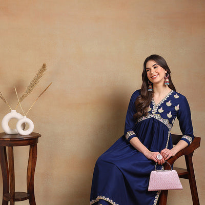 Plus Size Navy Blue Silk Blend Solid Embroidered Flared Kurta Set VKSET1483