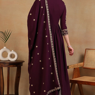 Maroon Poly Georgette Embroidered Anarkali Kurta Set VKSET1513