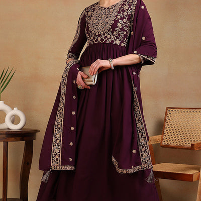 Maroon Poly Georgette Embroidered Anarkali Kurta Set VKSET1513