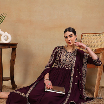 Maroon Poly Georgette Embroidered Anarkali Kurta Set VKSET1513