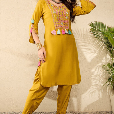 Mustard Viscose Rayon Solid Embroidered Straight Dhoti Pant Kurta Set VKSET1524