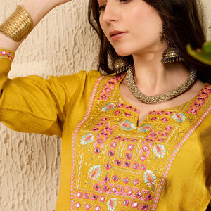 Mustard Viscose Rayon Solid Embroidered Straight Dhoti Pant Kurta Set VKSET1524