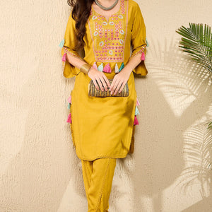 Mustard Viscose Rayon Solid Embroidered Straight Dhoti Pant Kurta Set VKSET1524