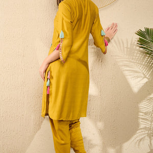 Mustard Viscose Rayon Solid Embroidered Straight Dhoti Pant Kurta Set VKSET1524
