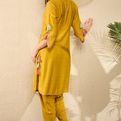 Mustard Viscose Rayon Solid Embroidered Straight Dhoti Pant Kurta Set VKSET1524