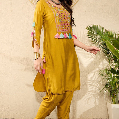 Mustard Viscose Rayon Solid Embroidered Straight Dhoti Pant Kurta Set VKSET1524